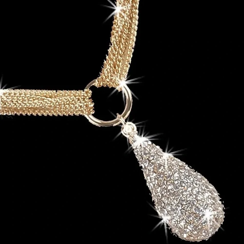 Micro Pave Set Crystal cz PEAR Tear Drop Dangle Chain statement Necklace Gold