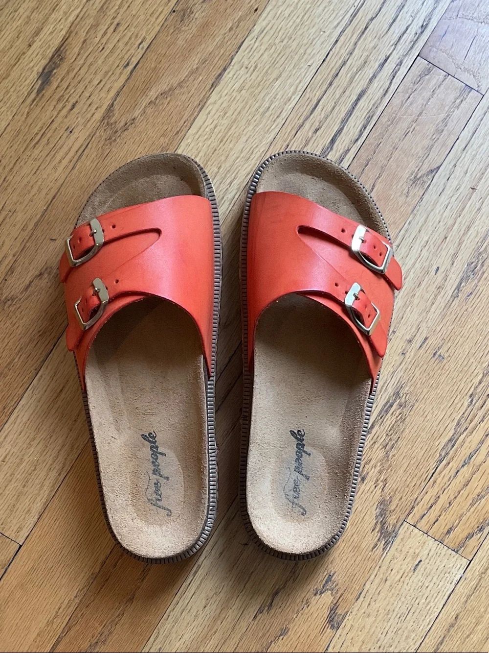 Free People Orange Leather Double Buckle Slides