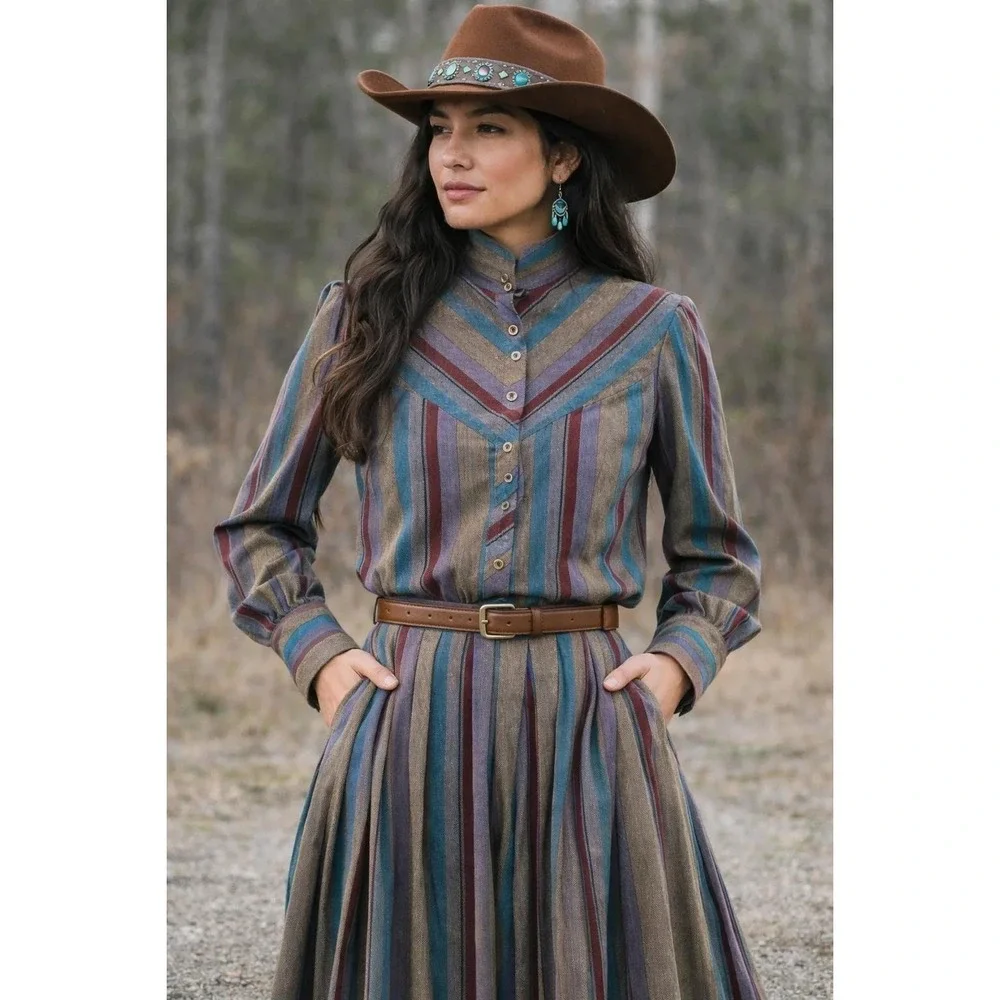 Vintage Western Sophisticates Pendleton Striped Pleated Skirt‎ Set Blouse 13/14