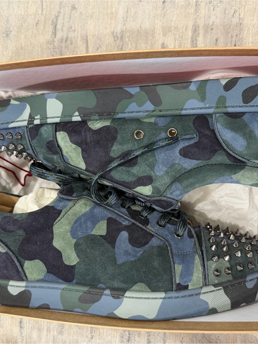 Christian Louboutin Camo Studded Low-Top Sneakers in Green, Blue, Black