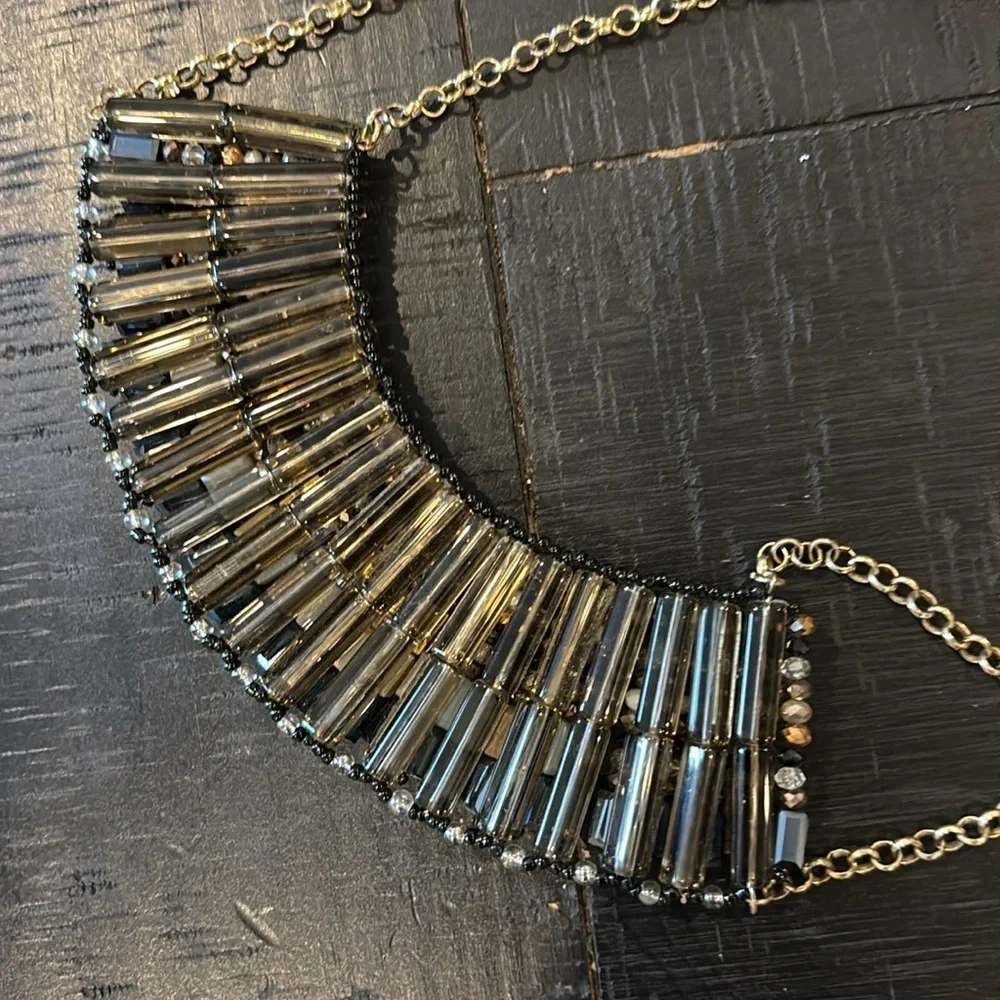 Bib Style Multicolor Beaded Gold Tone Statement Necklace Aurora Borealis AB​