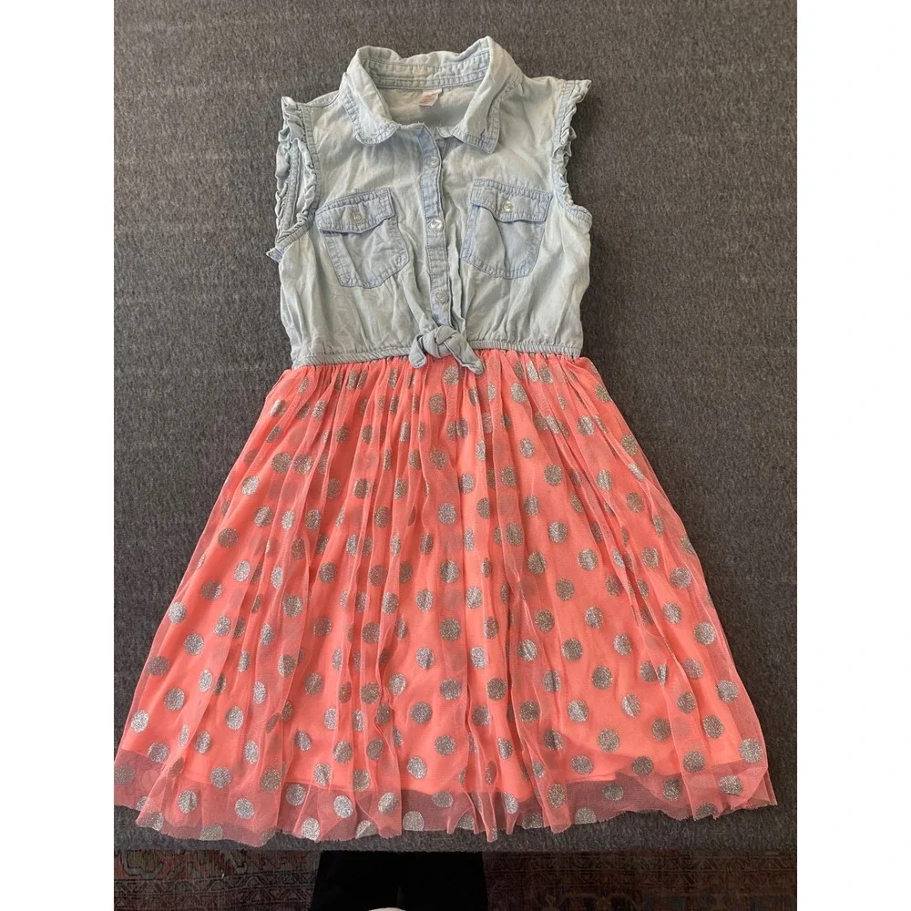Justice Girls Denim and Coral Pink Tulle Glitter Polka Dot Dress Size 12