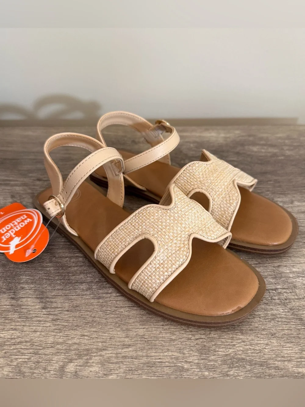 Wonder Nation Sandals Girls Sz 1 Raffia Cream/Light Beige Buckle Summer Neutral