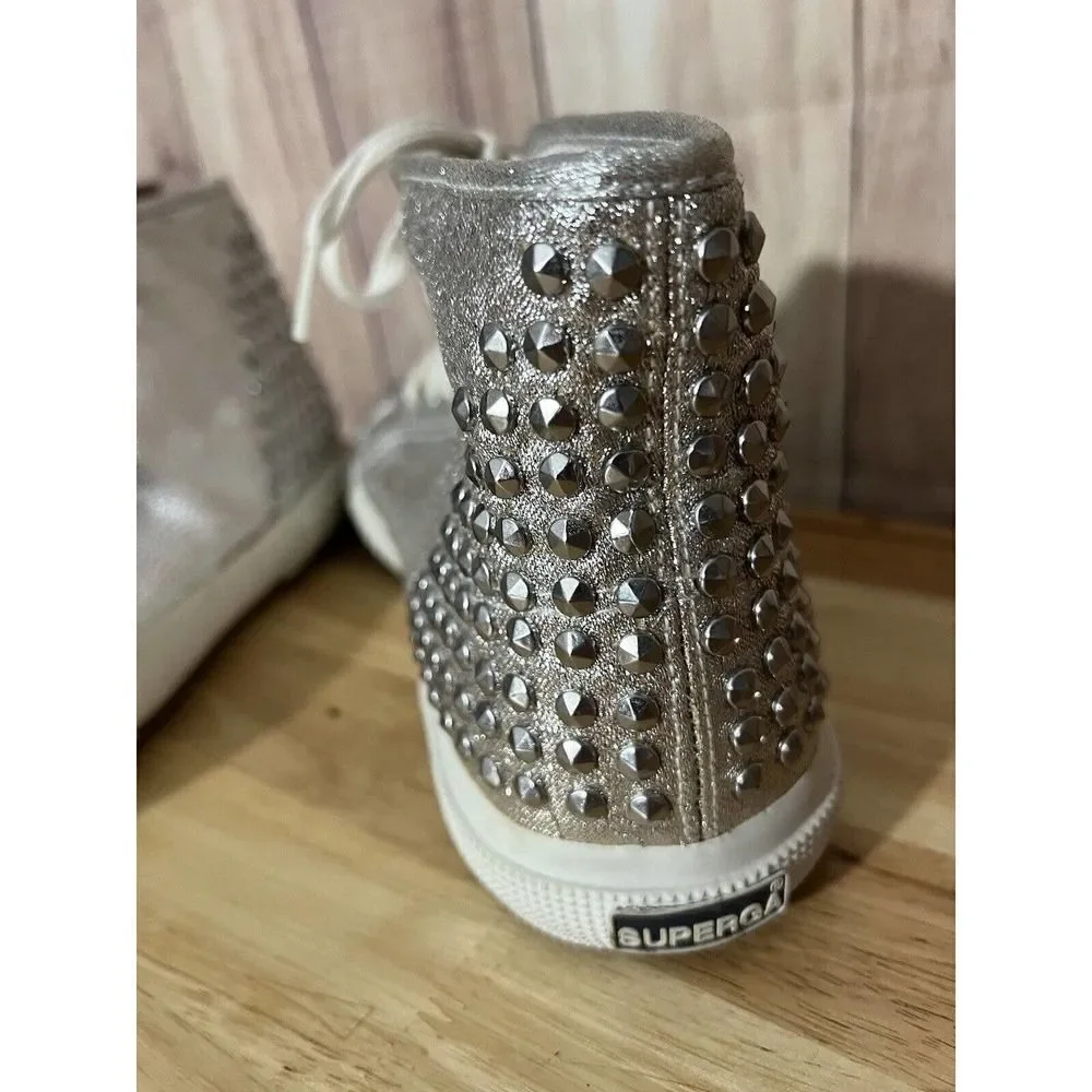 Superga Womens 9 US High Tops Silver Glitter Studded lace up
