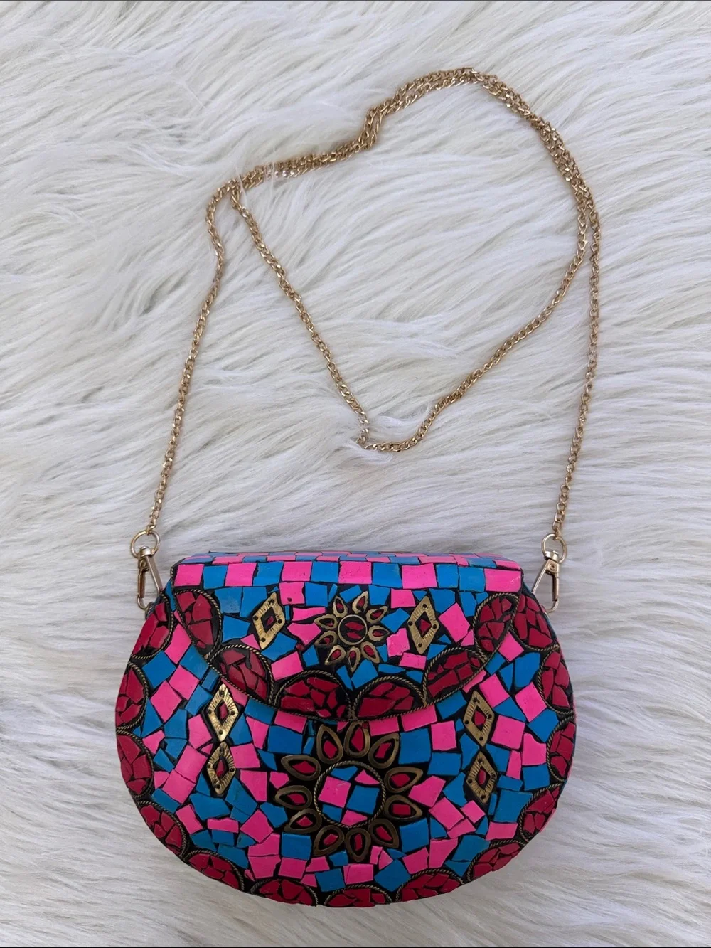RAMLA Handcrafted Pink & Blue Mosaic Clutch Crossbody Bag