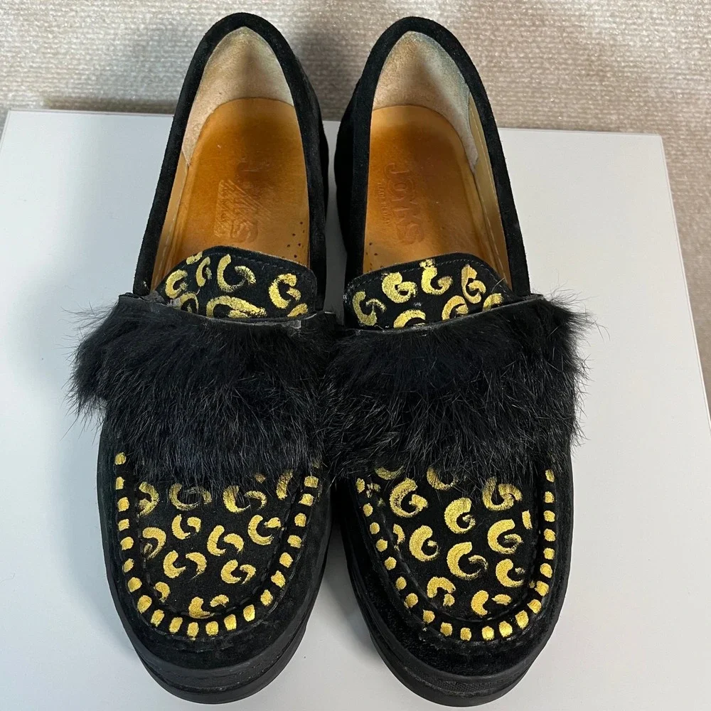 Joyks Black Metallic Gold Fur Accent Slip On Chunky Loafers Size 39‎ US 9