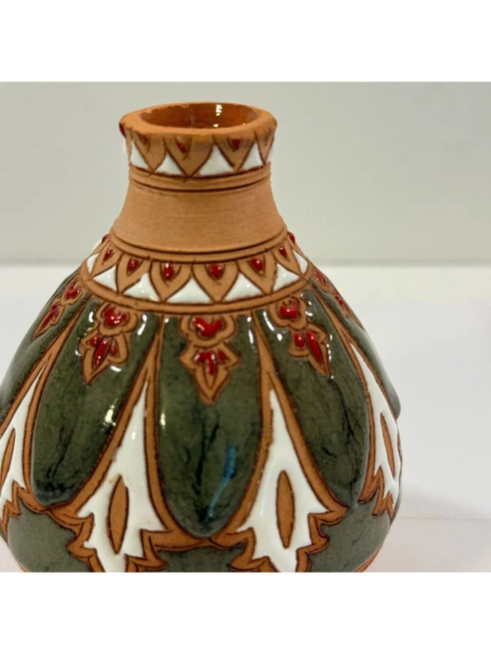 Vintage Bonis Pottery Greece Handmade Enamel Terracotta Clay Flower Vase