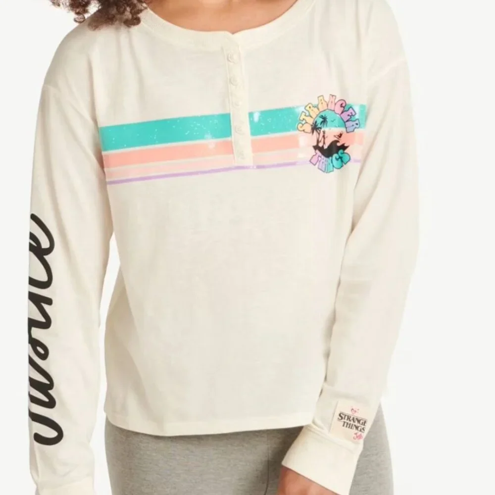 Justice Girls S STRANGER THINGS Long Sleeve Creme Henley Shirt SIZE 7-8 NEW