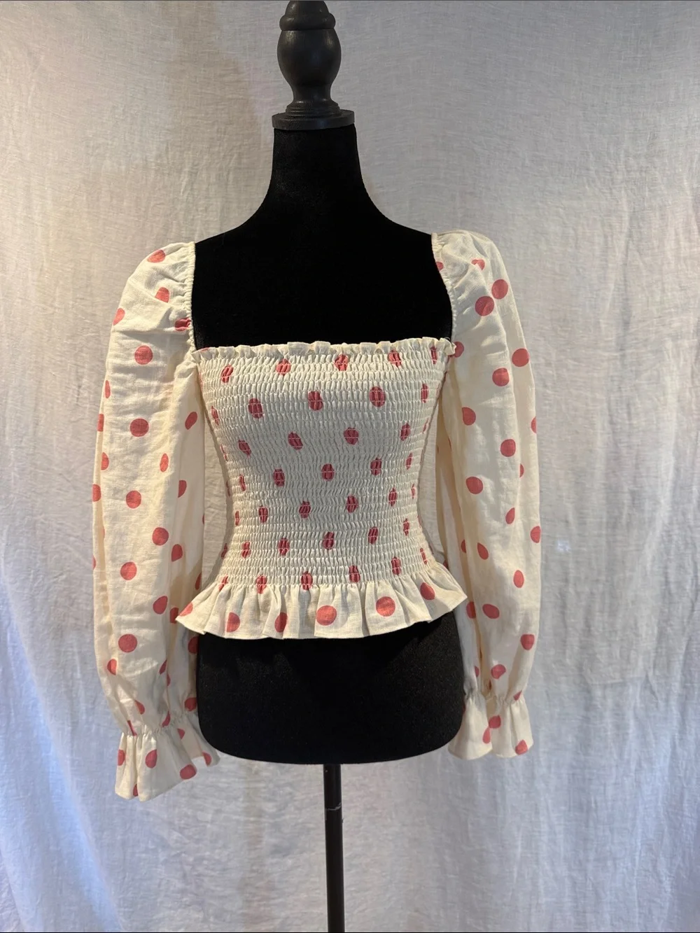Reformation Pinto Smocked Square-Neck Top with Polka Dots & puff sleeves size S