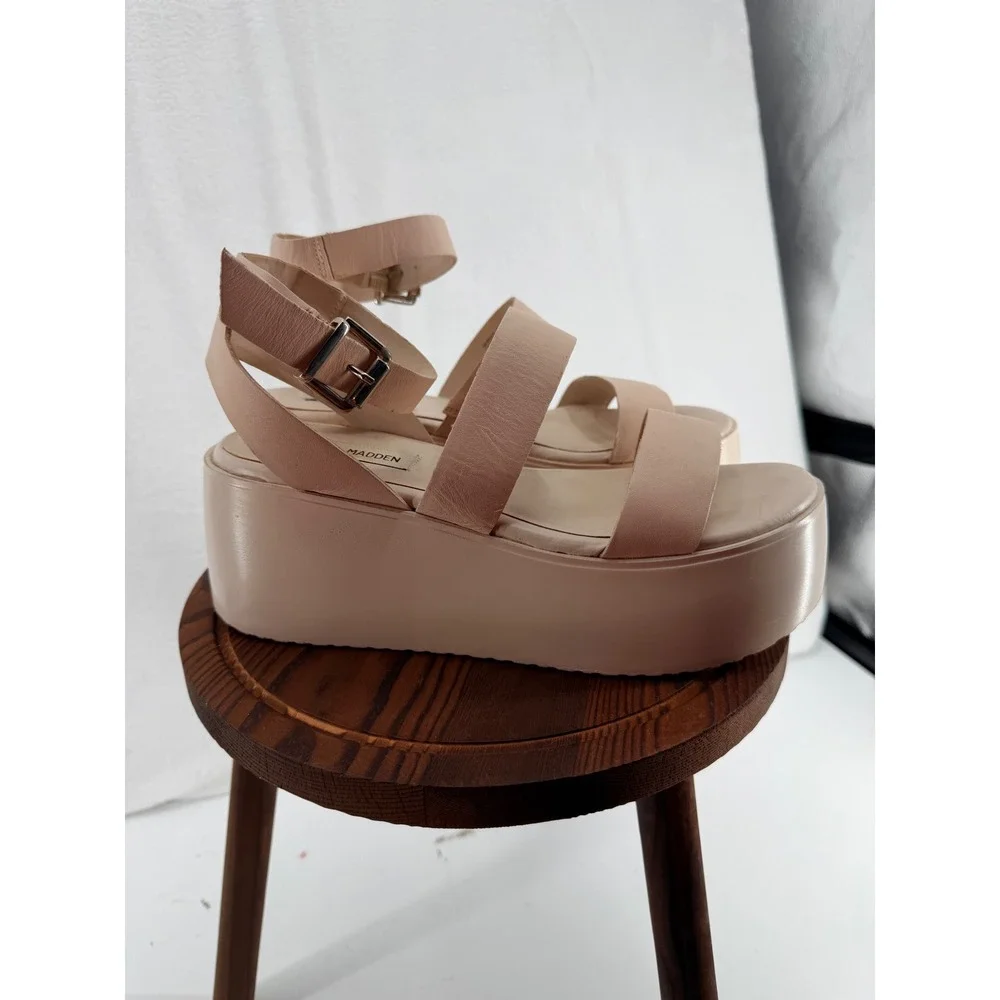 Steve Madden Bay Bay Leather Platform Wedge Sandals Cream 7M Y2K Chunky Bratz