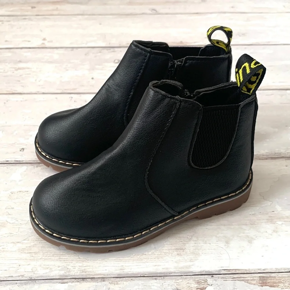 Girls Size 1 Black Vegan Leather Chelsea Boots Side Zip Kids Shoes NEW