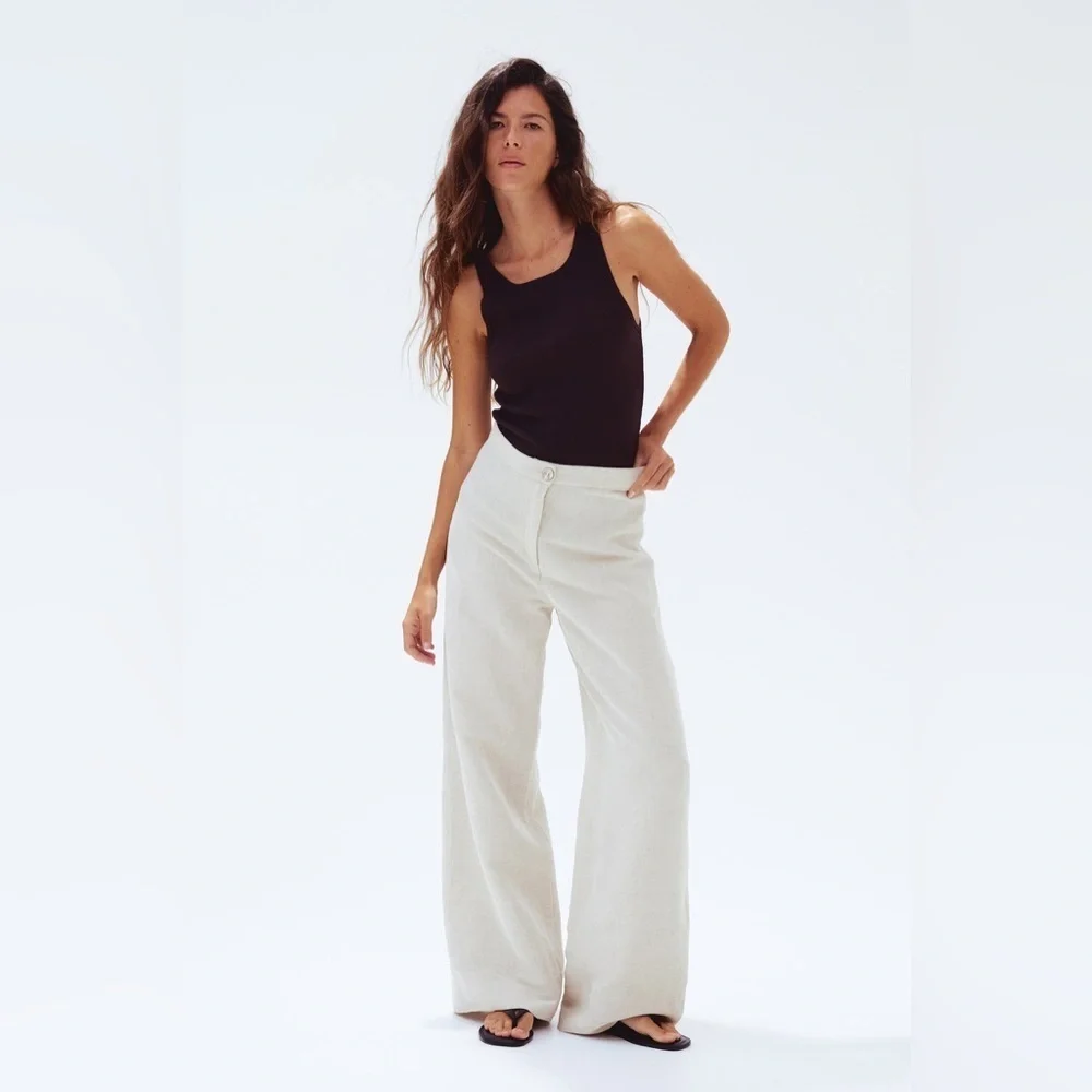 H&M Linen Blend Wide Leg Pants High Waisted Neutral Cream Tan sz 2
