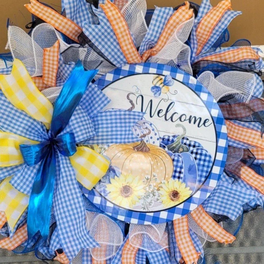 Sunflower Pumpkin Welcome Blue Orange Sunflower Pancake wreath  Holiday decor