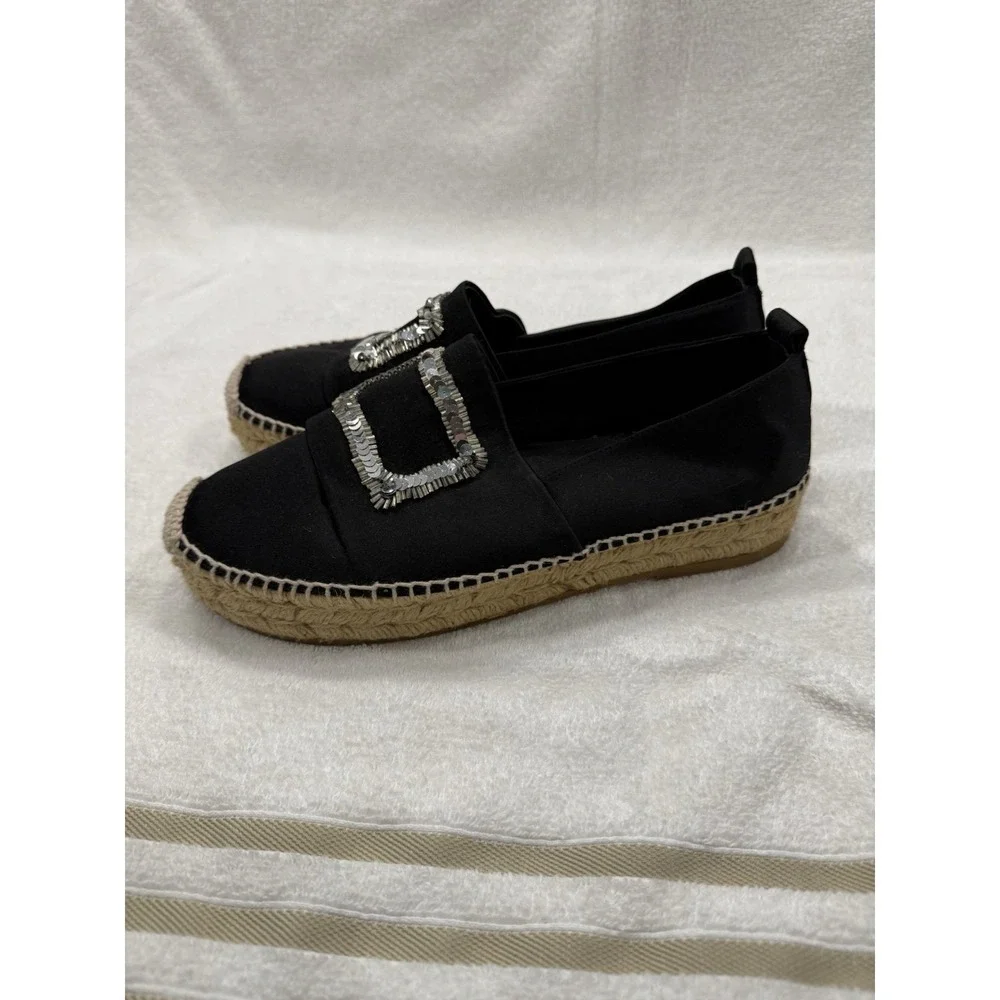 Authentic Roger Vivier Paris Black Satin Espadrilles Crystal Buckle Flats US 7