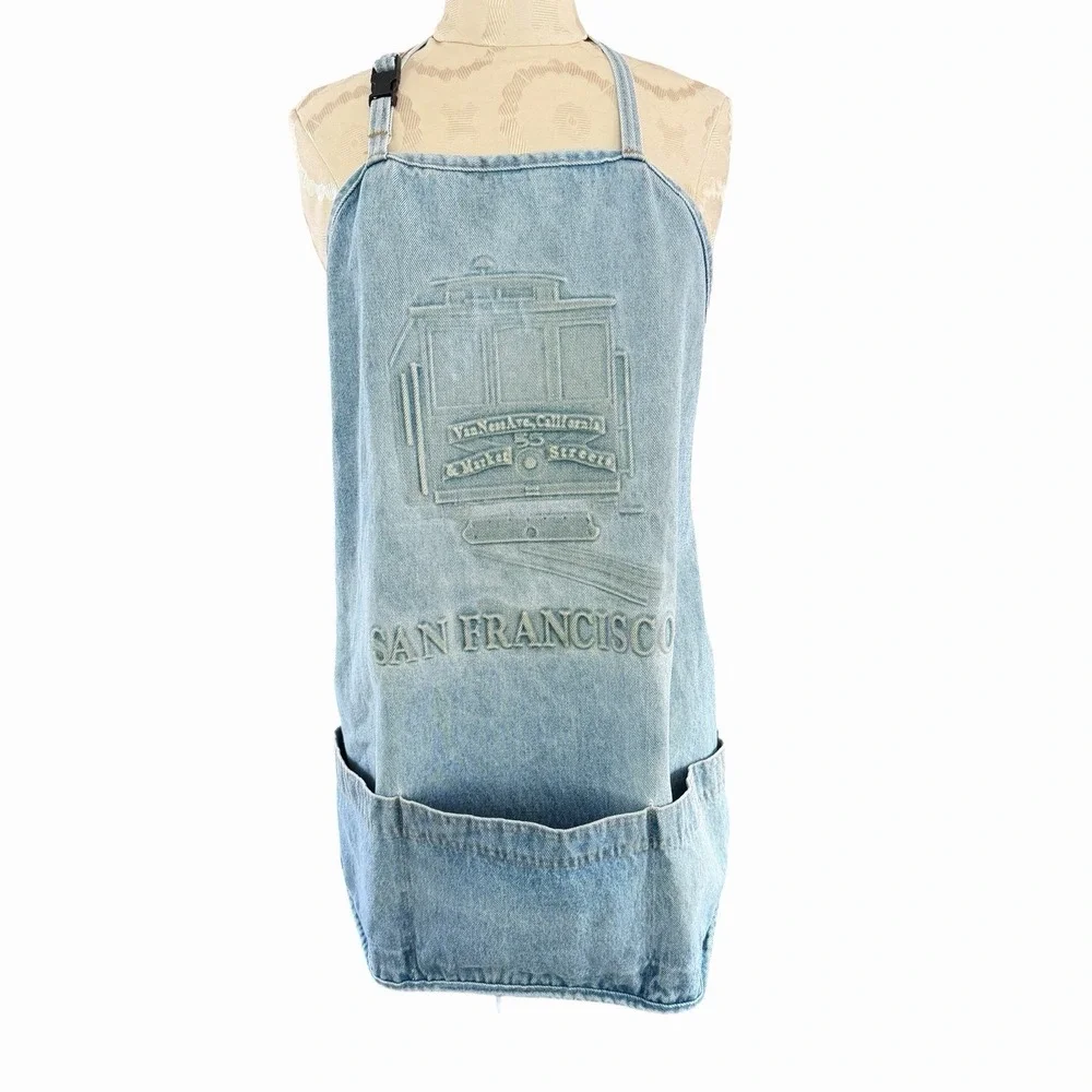 Vintage 90's San Francisco Cable Car Embossed Denim Apron USA Cooking BBQ Chef