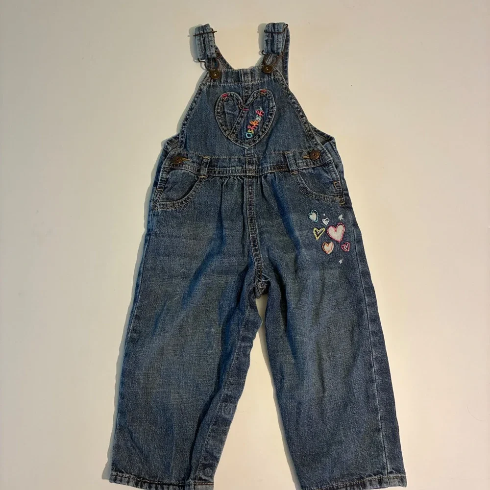 OshKosh Bgosh Girls 24 Months Blue Denim Heart Embroidered Bib Overalls 434A117