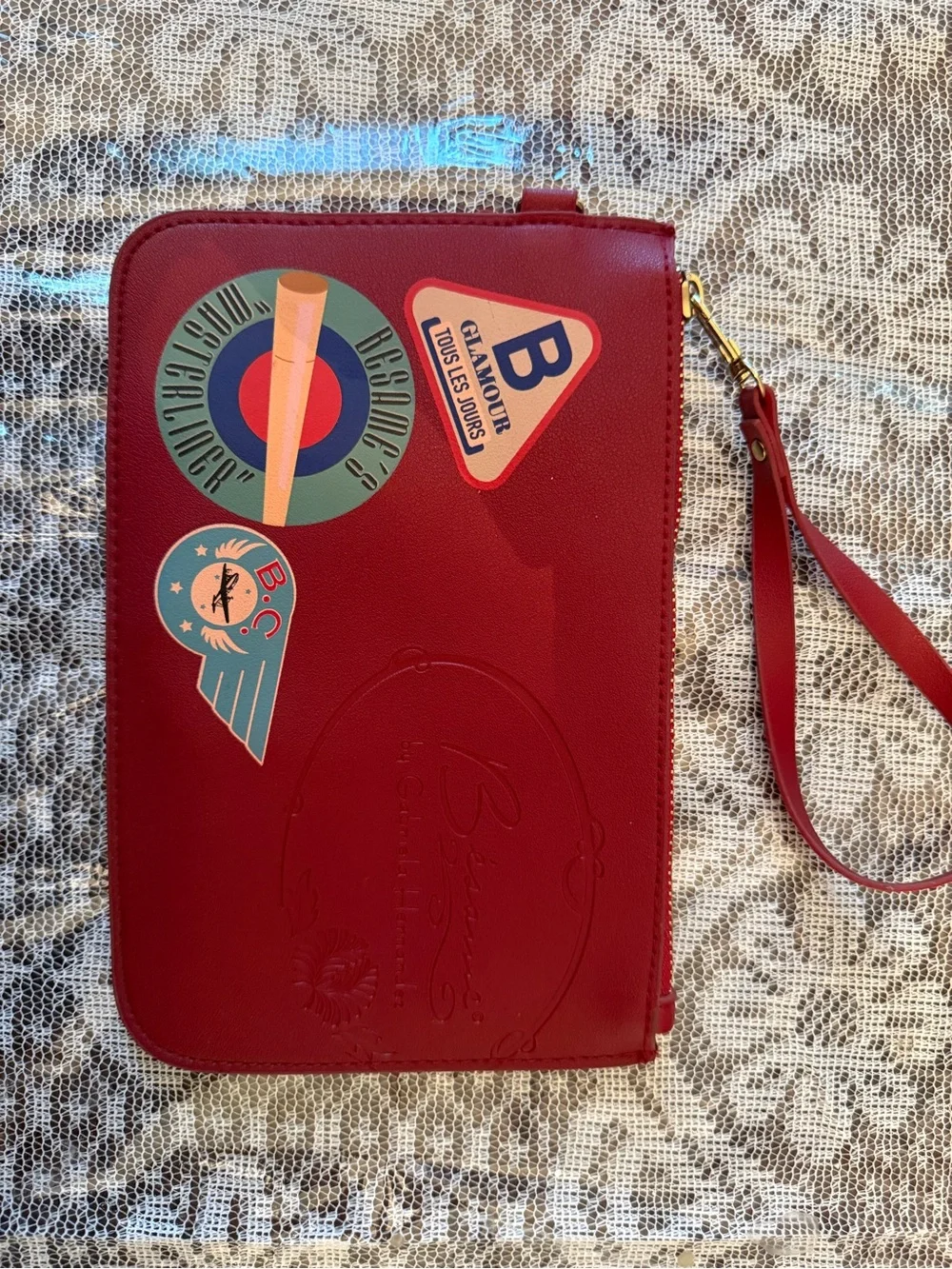 Red Wristlet Make-Up Bag Clutch with Travel Patch Details