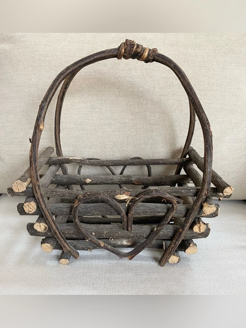 VTG Rustic Primitive Twig Basket W Heart Double Sided Cottagecore Grannycore 9”