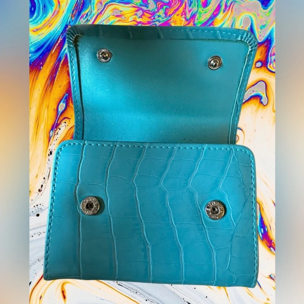Bijoux Terner Turquoise Faux Croc Embossed Leather Cosmetic Bag & Wallet Set