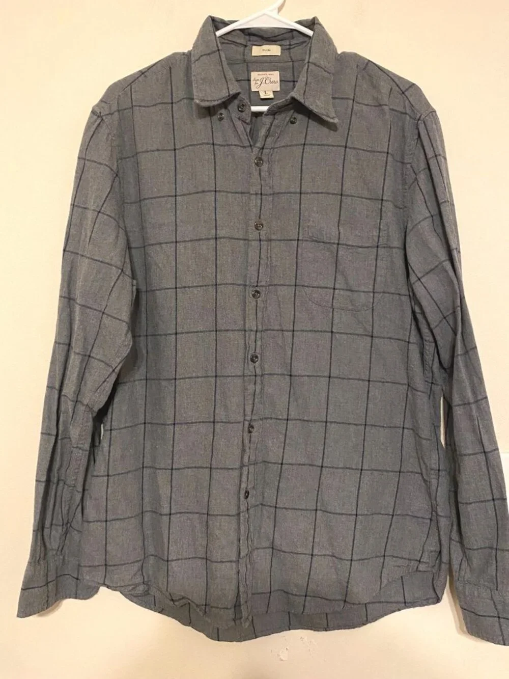 Men's‎ J. Crew Black Gray Plaid 100% Cotton Slim Fit Button Down Shirt Sz Large
