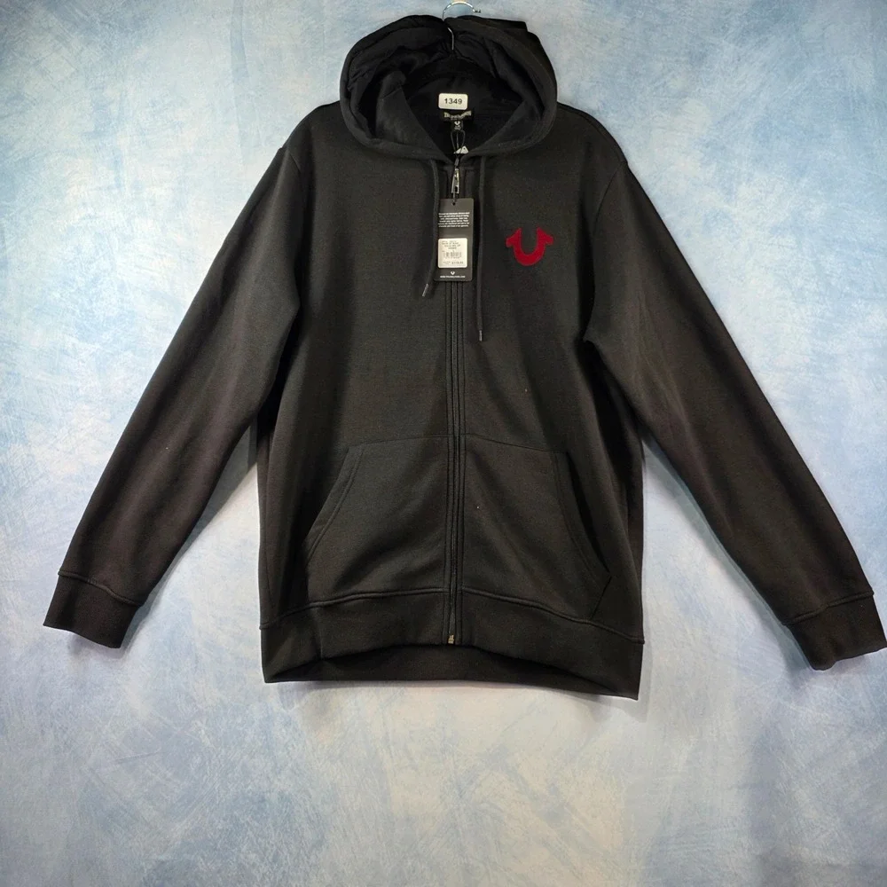 True Religion Mens Jet‎ Black Solid SRS Zip Hoodie Red Buddha Logo Large NWT