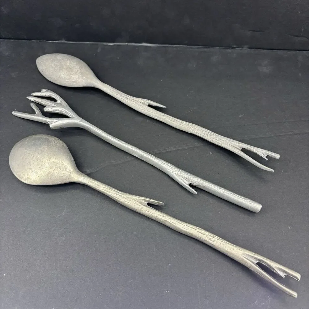 Vintage Aluminum Grey‎ Tree Branch Twigs Serving Set Salad Mixing Spoons