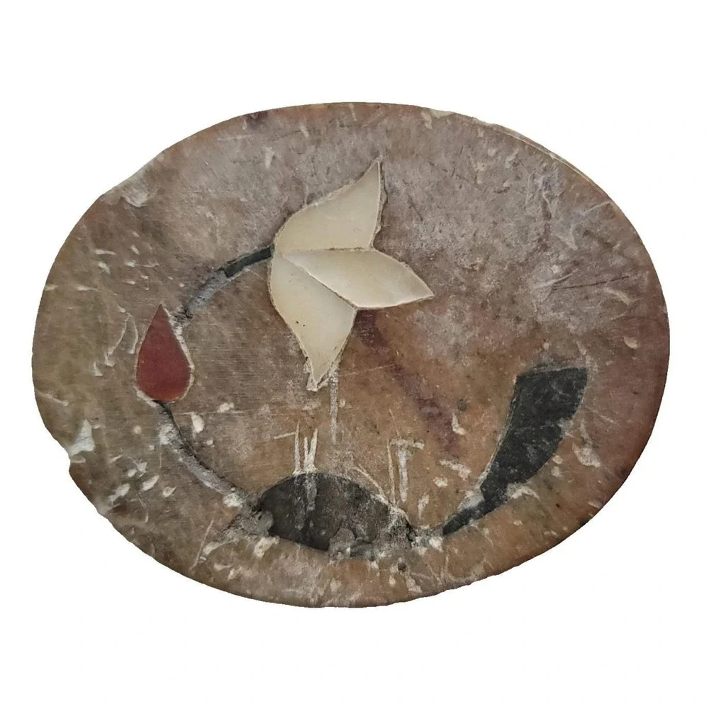 Beige Stone Trinket Box Oval‎ Mini Carved Floral Inlay Decor Gift Rustic