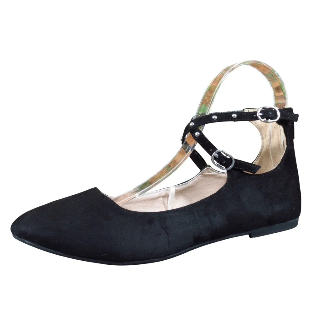 The Children's Place Girls 3 Black Textile Ankle Strap Ballet‎ Flats Dress Shoes