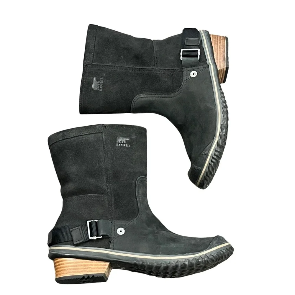 Sorel Slim Shortie Mid-Calf Boots‎ Black Leather Suede NL2107-010 Womens 8.5