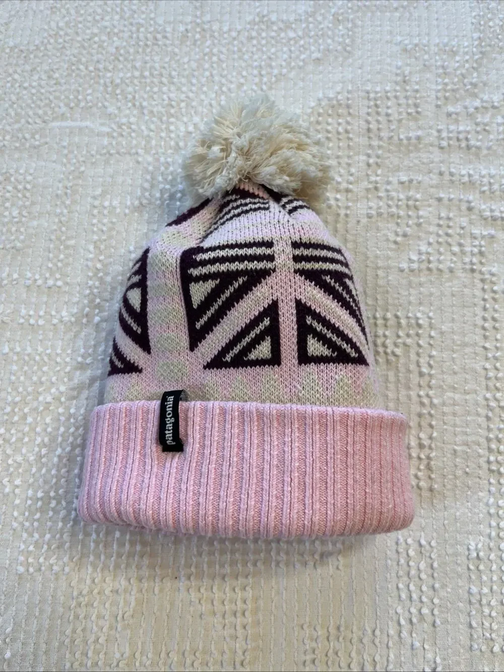 PATAGONIA Girls One Size Powder Town Beanie HAT PomPom Pink Birch Ski Winter