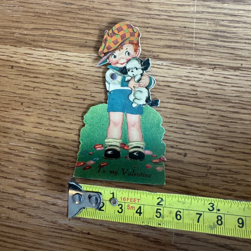 Vintage Valentine Card Boy‎ Holding Puppy Germany Lithograph Retro Collectible