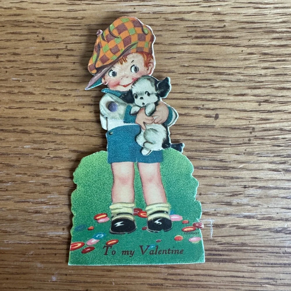 Vintage Valentine Card Boy‎ Holding Puppy Germany Lithograph Retro Collectible