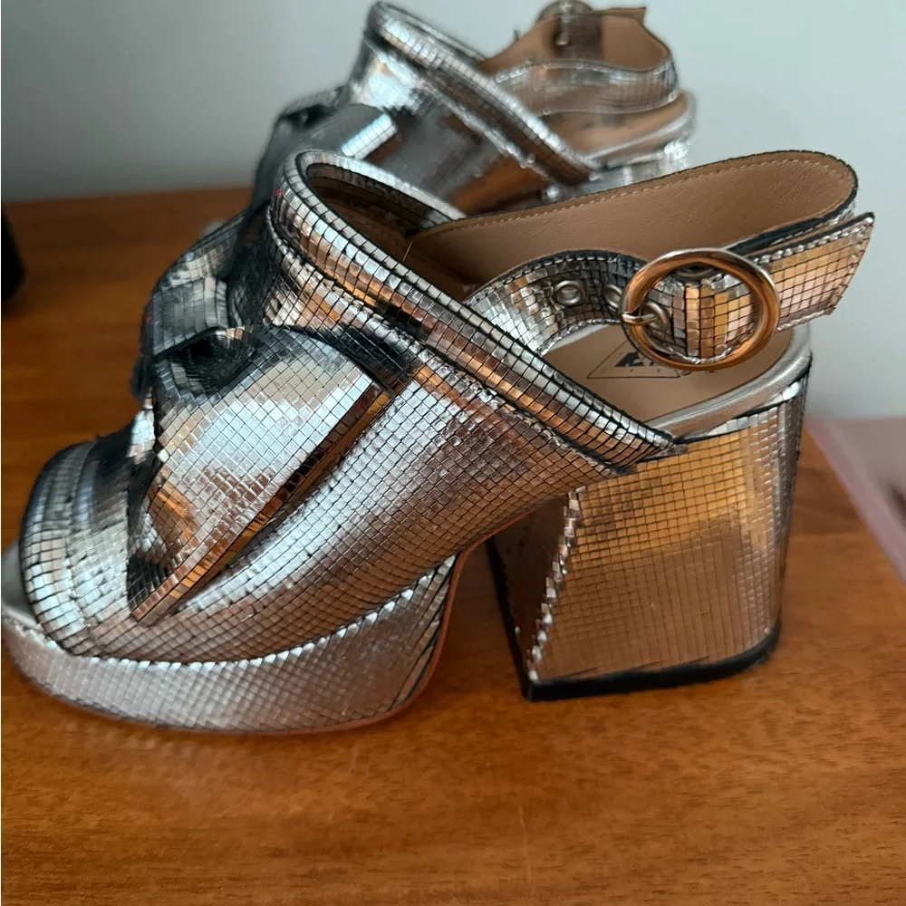 John Fluevog Silver Metallic Platform Slingback Sandals