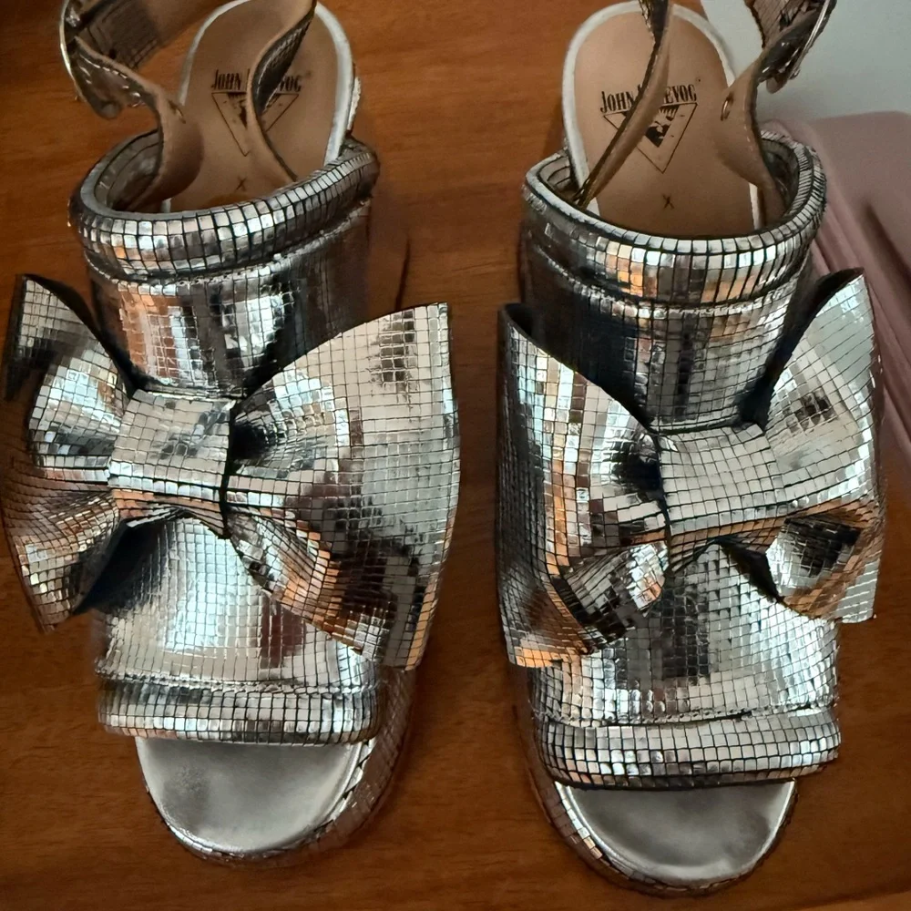 John Fluevog Silver Metallic Platform Slingback Sandals