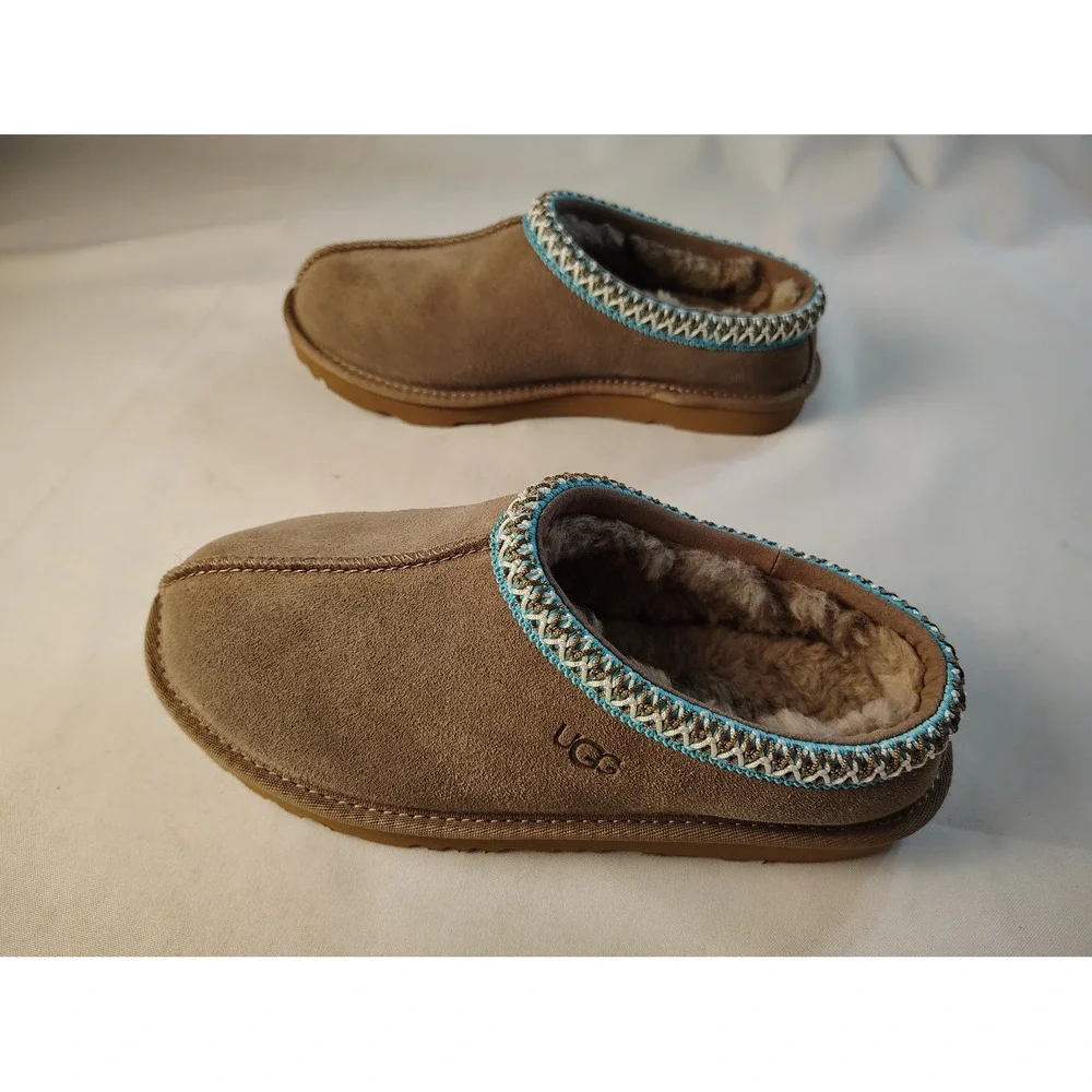 UGG Kids Tasman Chestnut Suede Slip On Slippers Blue Braid Embroidery Shoes 5