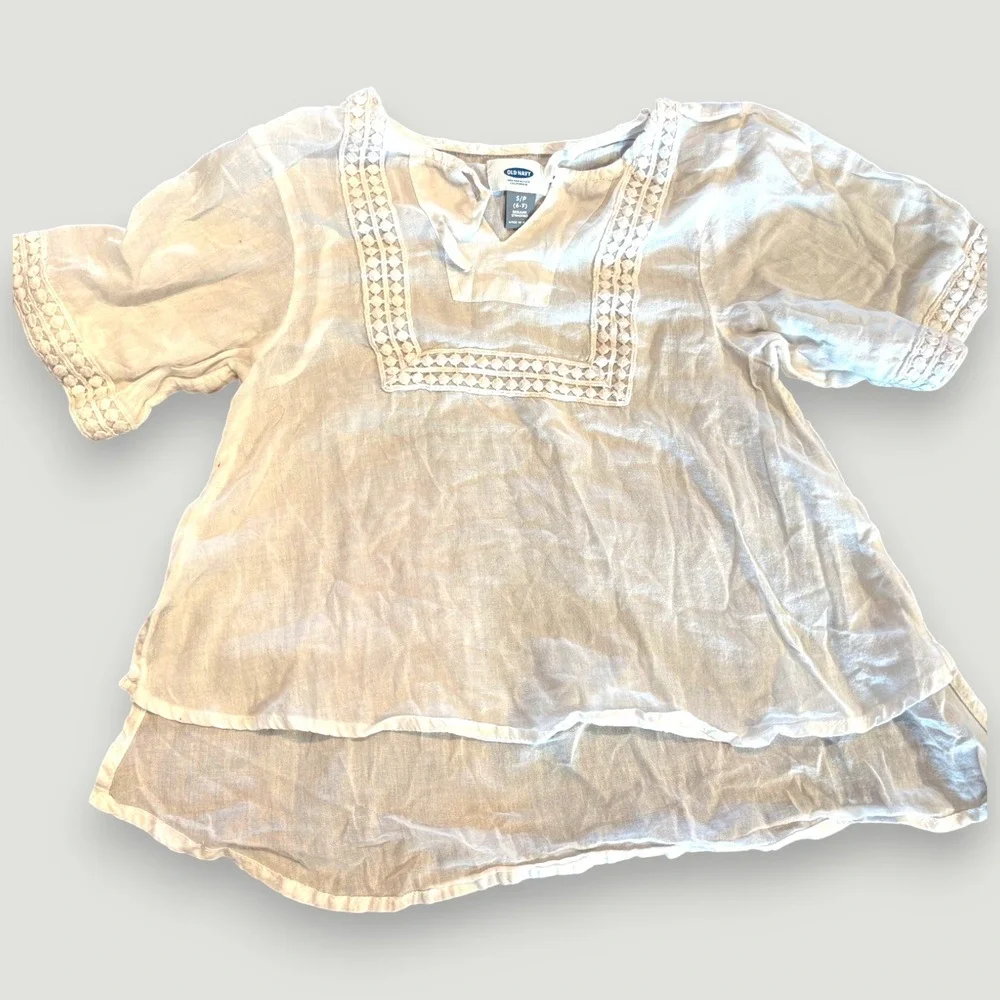 Old Navy Girls White Gauze Boho Crochet Lace‎ Trim Blouse Top Size S 6-7