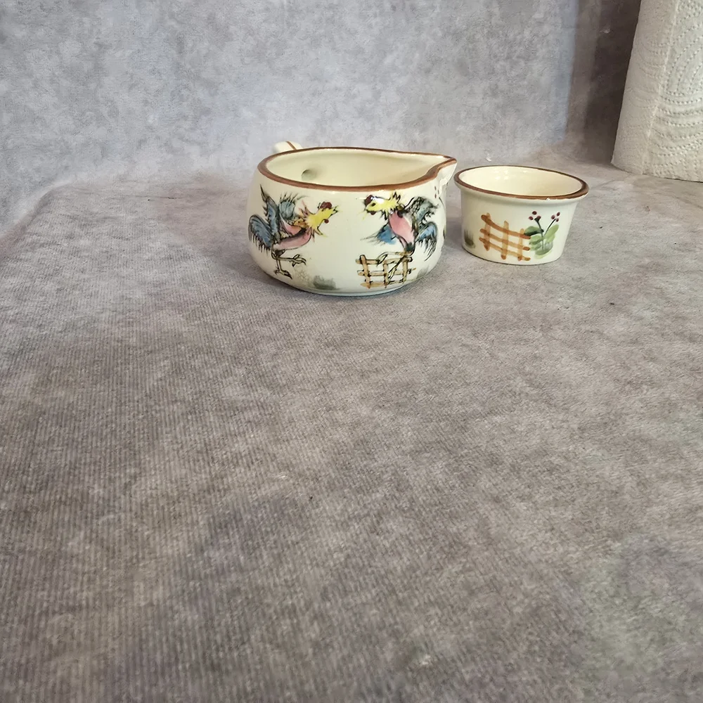 Hand-Painted Cream Ceramic Creamer and Ramekin Set with Rooster‎ Motif
