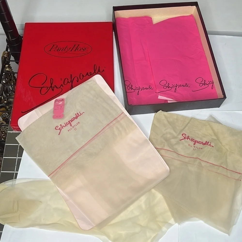 Vintage Schiaparelli 2 PAIR NEW Nylon Stockings in Original Box w Paper One Size
