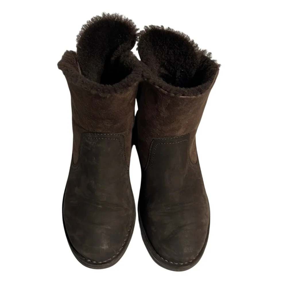 UGG Brown‎ Leather Suede Shearling Back Tie Mid Calf Boots Womens 7 1005430