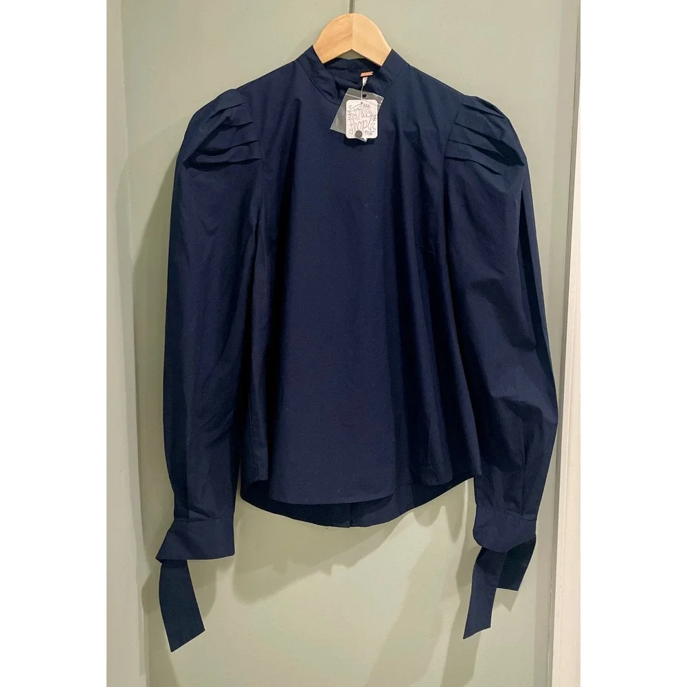 Free People Navy Blue Mock Neck Puff Sleeve‎ Button Back Top XS NWT