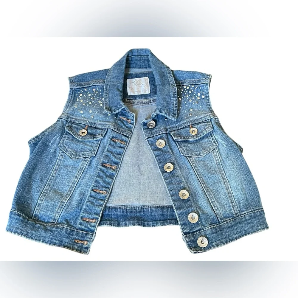 Justice Vest Denim Jean Embellished Bling Sleeveless Jacket Distressed Kid 10/12