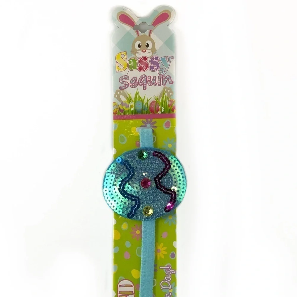 Sassy Sequin Easter Headband Elasticized Band Easter Egg Blue