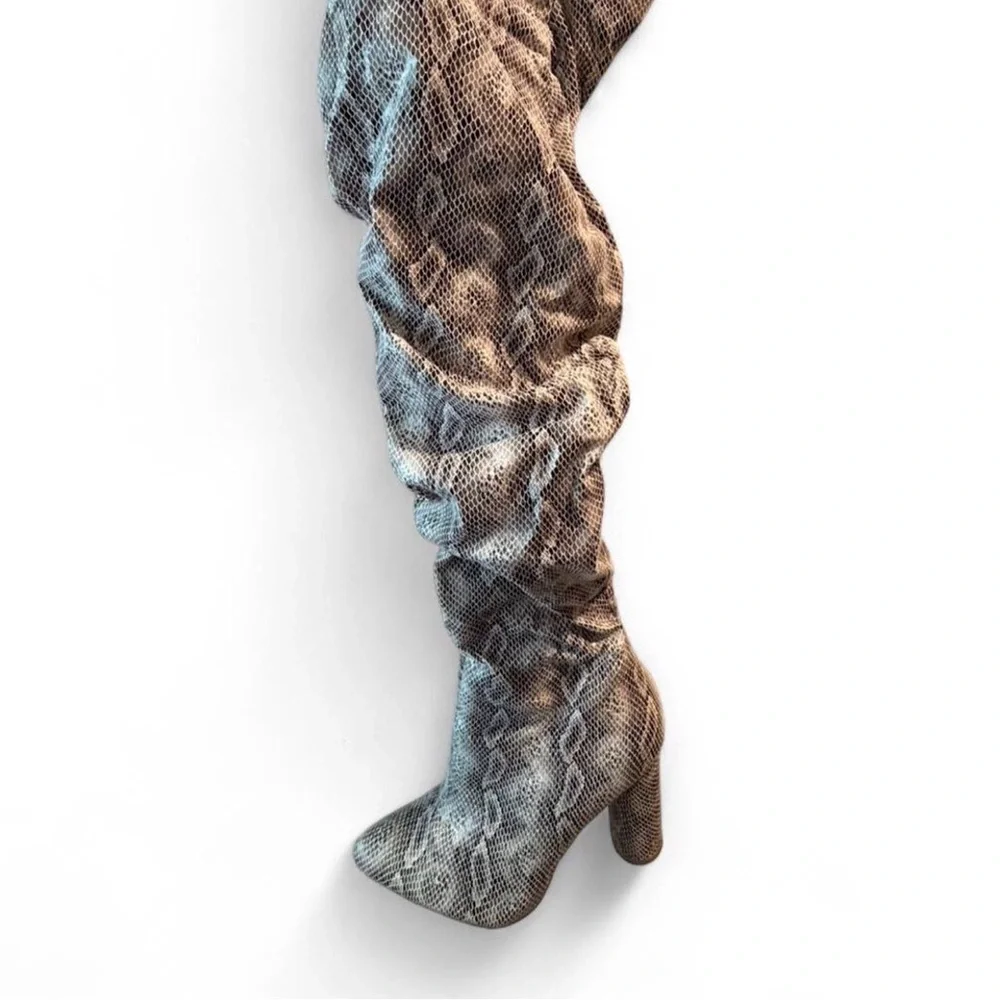 Fashion Nova Snake-Print Over-the-Knee Boots - Gray Beige
