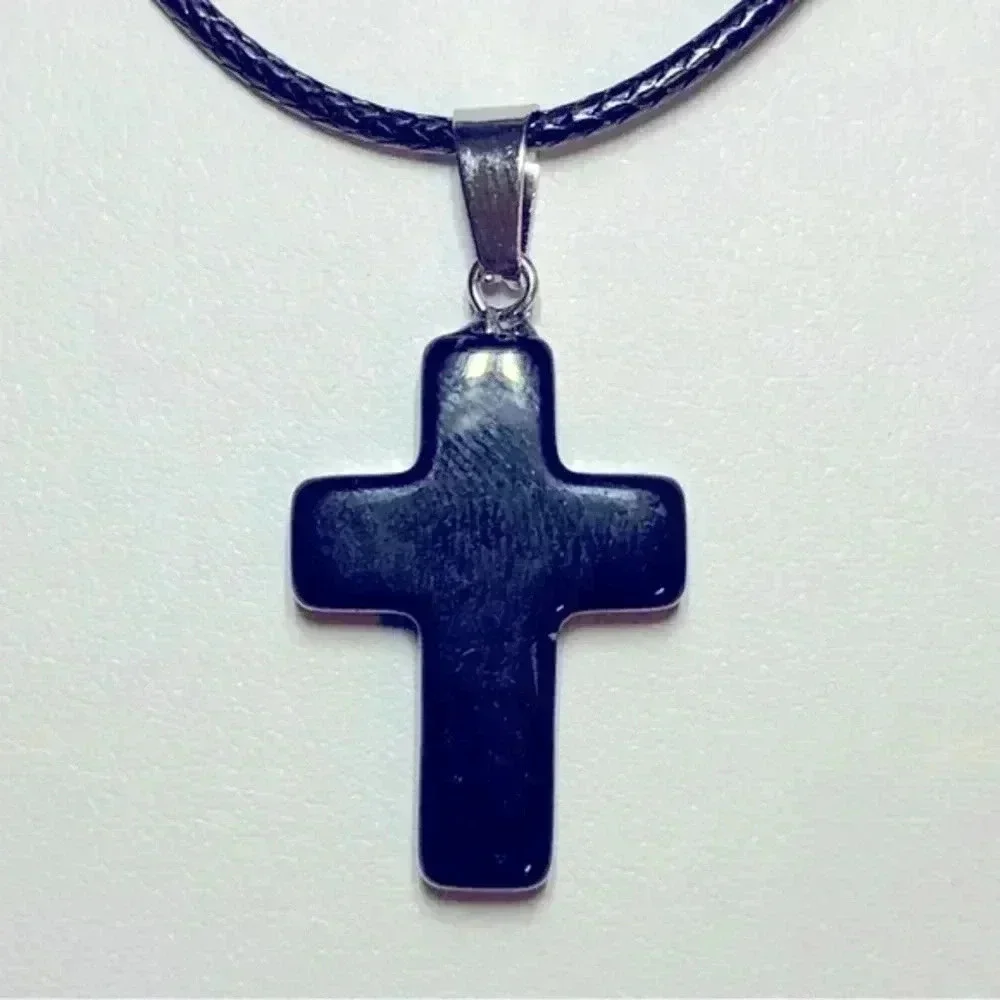 Black Onyx Cross Natural Braided Stainless Steel Necklace NWT