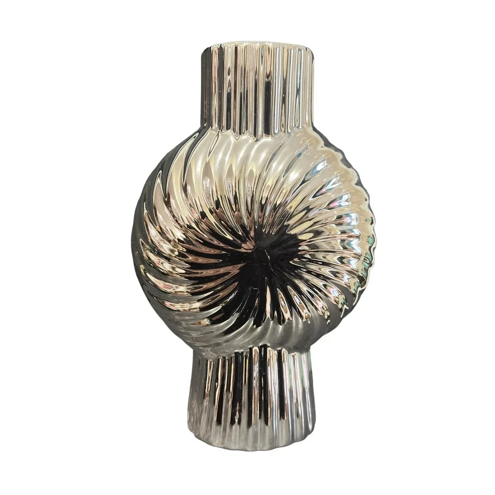 Sculptural Decorative Vase Modern Chrome Silver Swirl Ribbed Ceramic 9.5 Inch