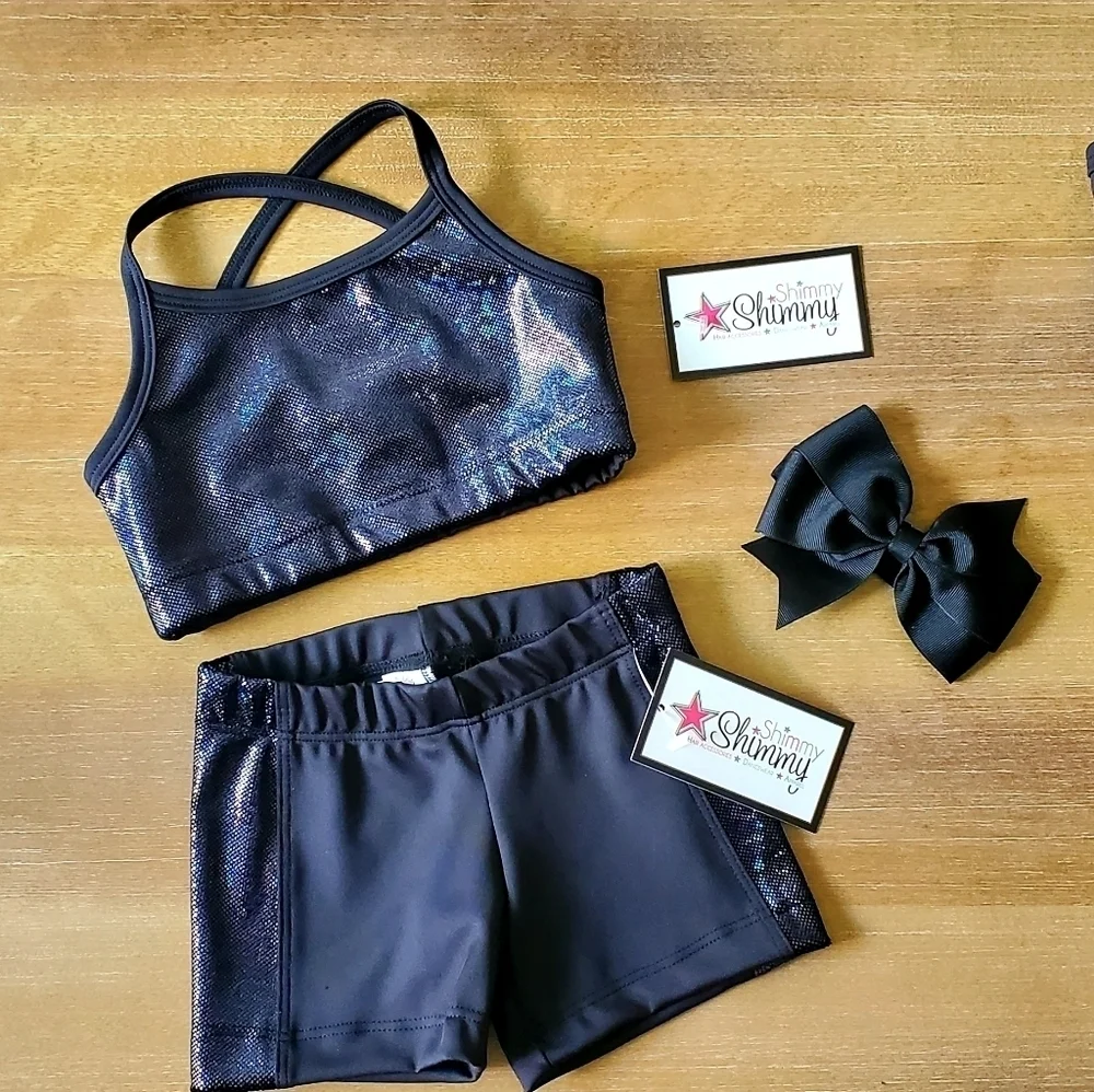 Shimmy Shimmy Inc Black Hologram Dance crop top and short Set NWT Cheer Gym