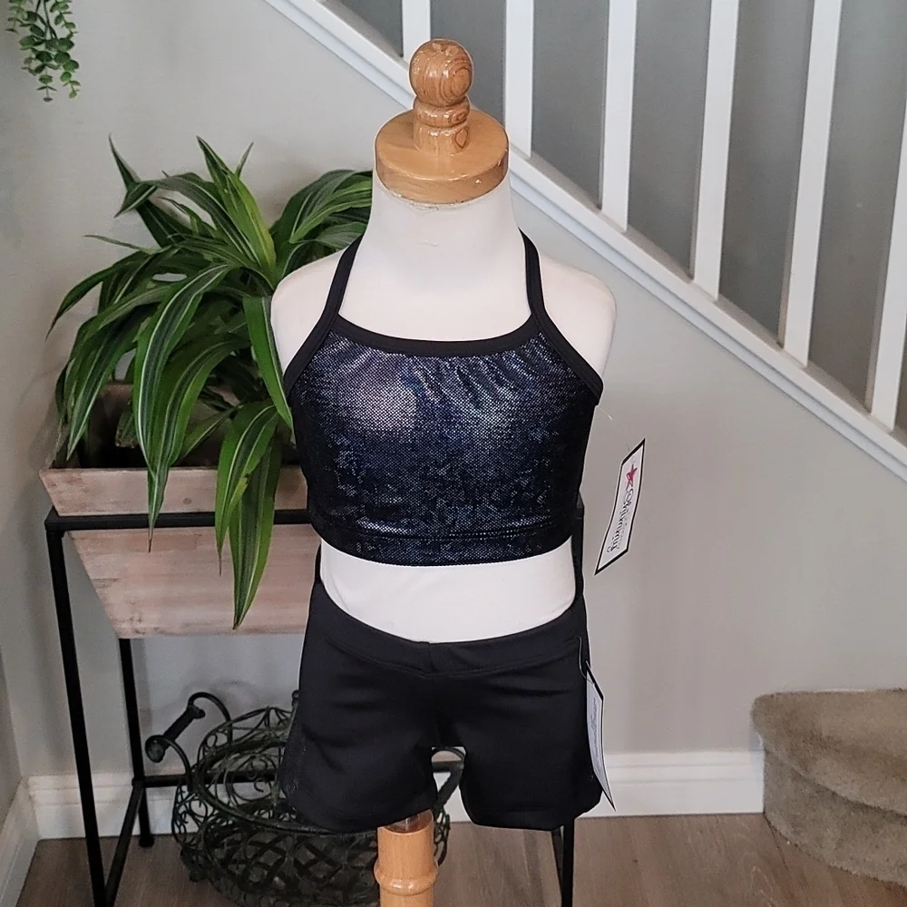 Shimmy Shimmy Inc Black Hologram Dance crop top and short Set NWT Cheer Gym