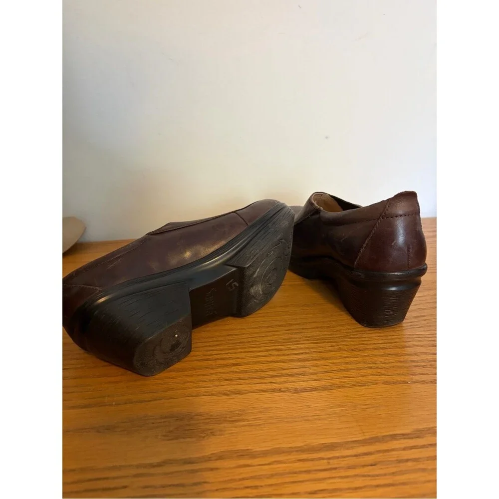 Sanita Brown Leather Low Platform Slip-On Clog