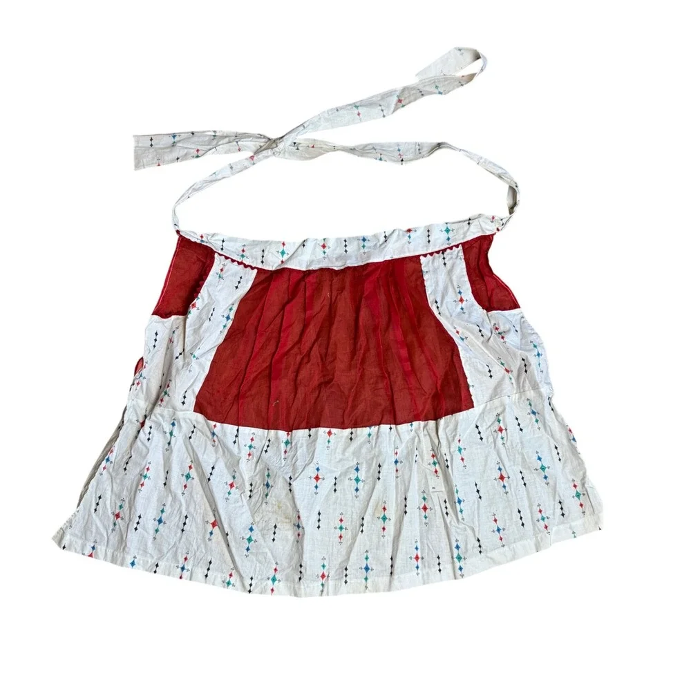 Vintage Handmade 1950s Geometric Design Sheer Red Half Apron‎ with pockets