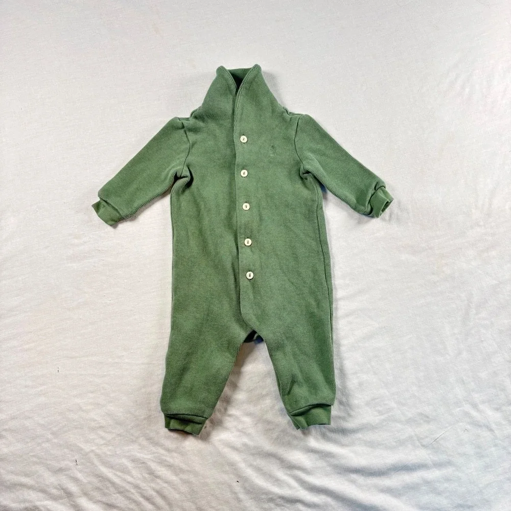 Ralph Lauren Ribbed Knit Coverall‎ Baby 6M Green Excellent Shawl Collar Romper